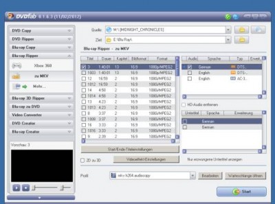 5. Hauptfenster erscheint:<br />Hier deaktiviere ich die Untertitel<br />Bei diesem Film hat DVDFab bereits Titel 3 ausgewählt<br />Als „Profil“ wähle ich „mkv.h264.audiocopy“<br />6. Button „Bearbeiten“ drücken